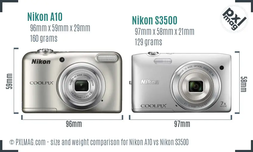Nikon A10 vs Nikon S3500 size comparison