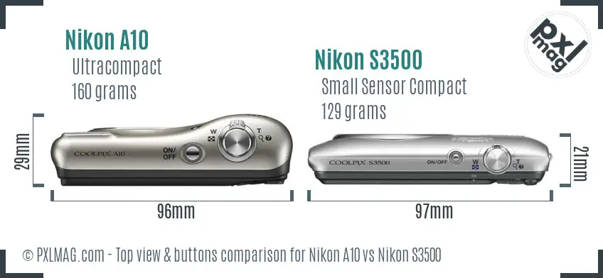 Nikon A10 vs Nikon S3500 top view buttons comparison