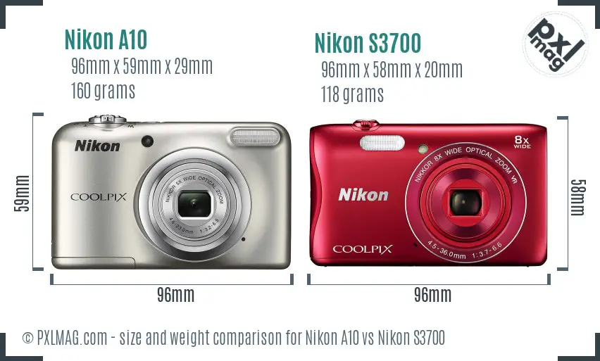 Nikon A10 vs Nikon S3700 size comparison