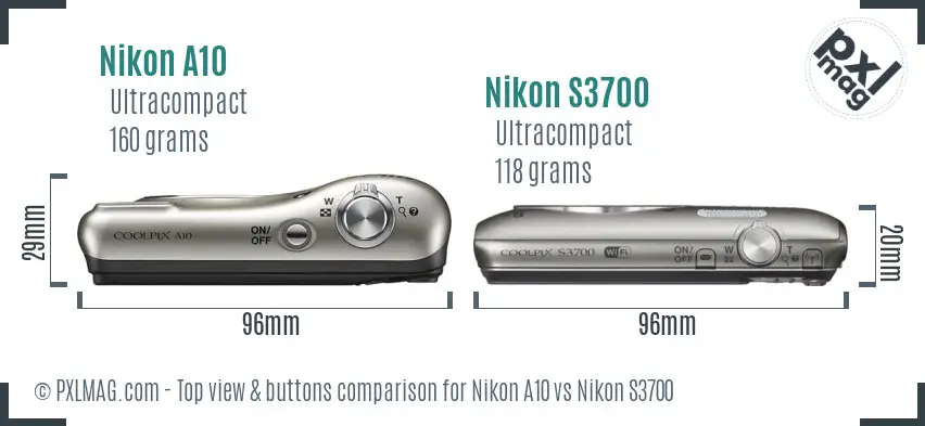 Nikon A10 vs Nikon S3700 top view buttons comparison