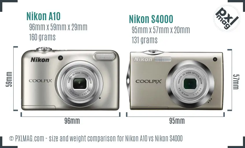 Nikon A10 vs Nikon S4000 size comparison Nikon A10 vs Nikon S4000 size comparison
