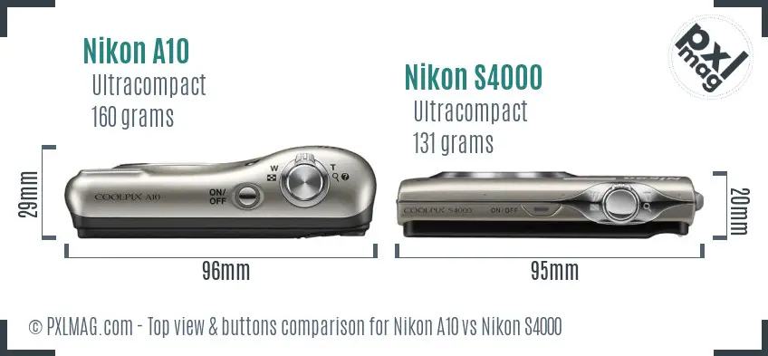 Nikon A10 vs Nikon S4000 top view buttons comparison Nikon A10 vs Nikon S4000 top view buttons comparison
