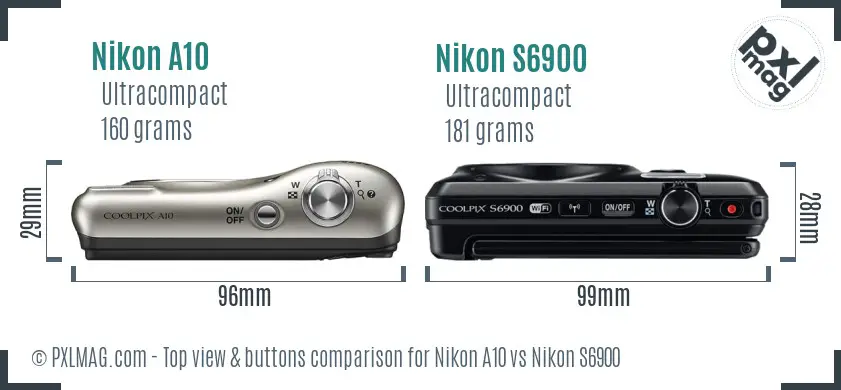 Nikon A10 vs Nikon S6900 top view buttons comparison