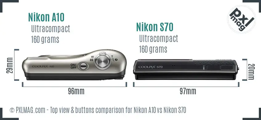 Nikon A10 vs Nikon S70 top view buttons comparison Nikon A10 vs Nikon S70 top view buttons comparison