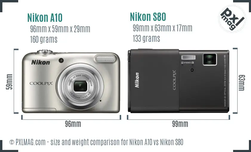 Nikon A10 vs Nikon S80 size comparison