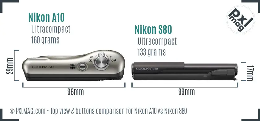 Nikon A10 vs Nikon S80 top view buttons comparison