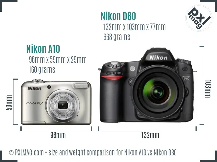 Nikon A10 vs Nikon D80 size comparison