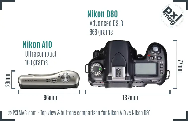 Nikon A10 vs Nikon D80 top view buttons comparison