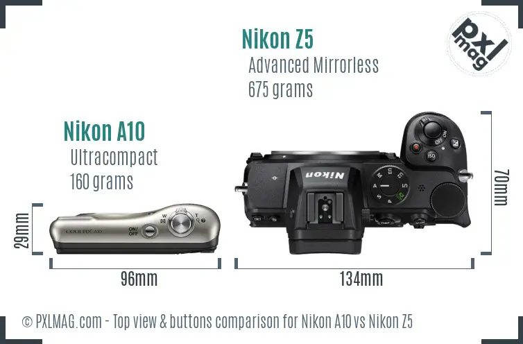 Nikon A10 vs Nikon Z5 top view buttons comparison