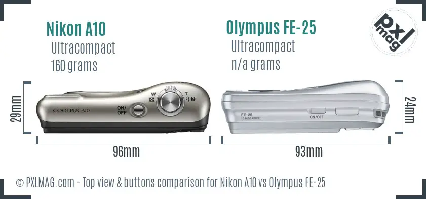 Nikon A10 vs Olympus FE-25 top view buttons comparison