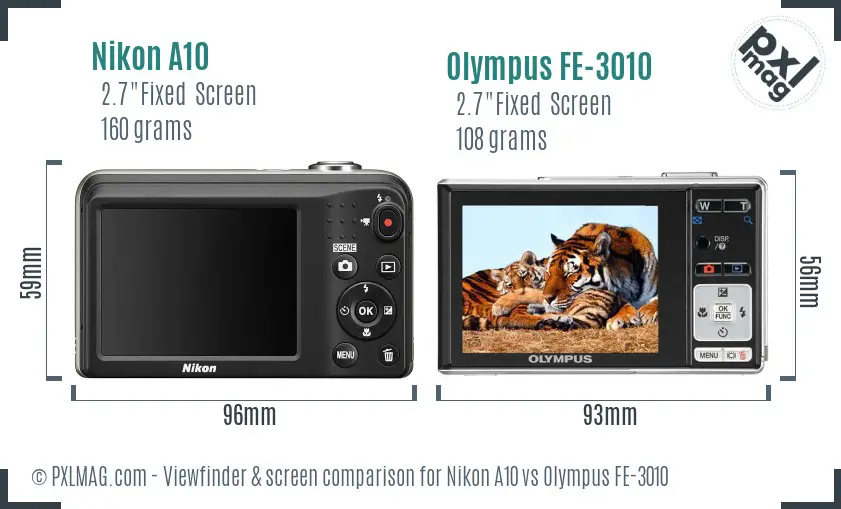 Nikon A10 vs Olympus FE-3010 Screen and Viewfinder comparison