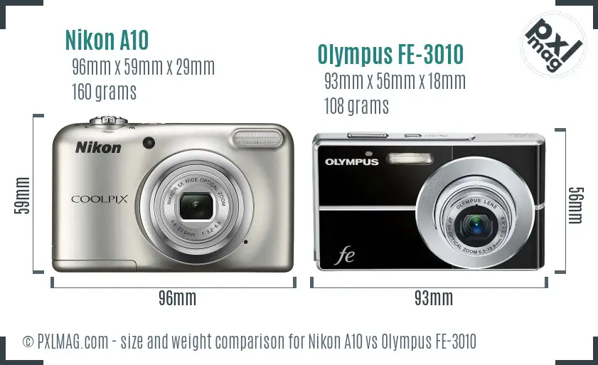 Nikon A10 vs Olympus FE-3010 size comparison