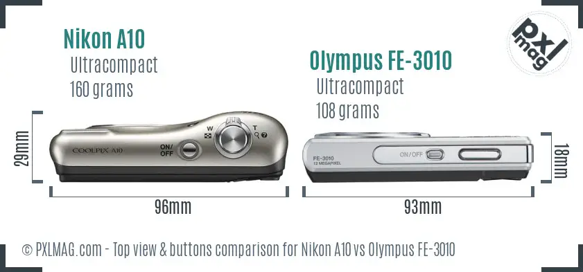 Nikon A10 vs Olympus FE-3010 top view buttons comparison