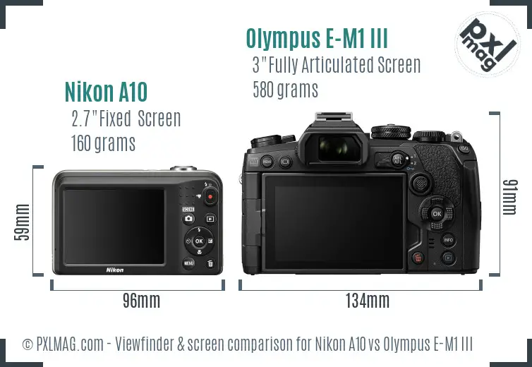 Nikon A10 vs Olympus E-M1 III Screen and Viewfinder comparison