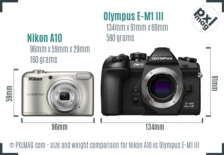 Nikon A10 vs Olympus E-M1 III size comparison
