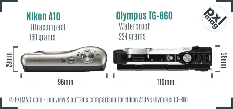 Nikon A10 vs Olympus TG-860 top view buttons comparison