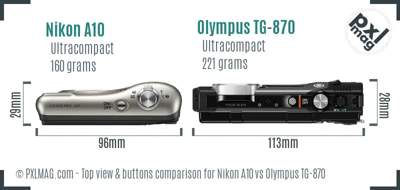 Nikon A10 vs Olympus TG-870 top view buttons comparison