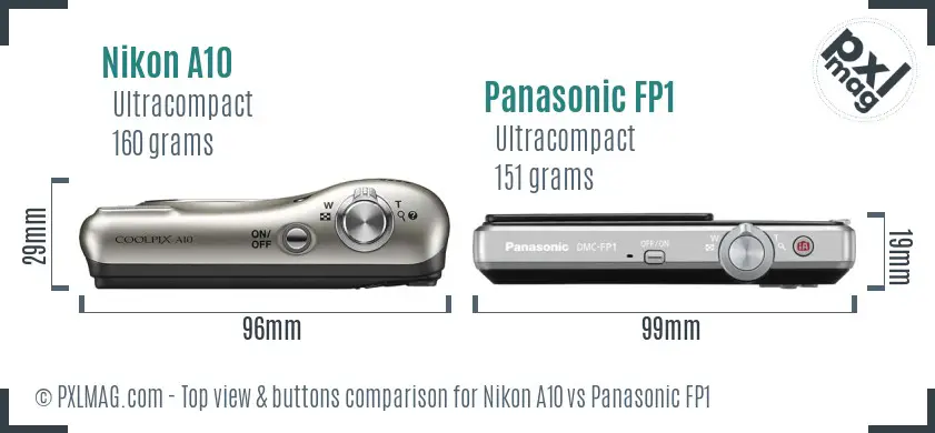 Nikon A10 vs Panasonic FP1 top view buttons comparison