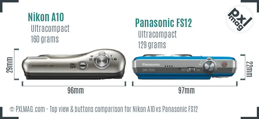 Nikon A10 vs Panasonic FS12 top view buttons comparison