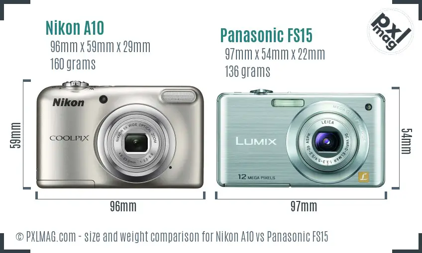 Nikon A10 vs Panasonic FS15 size comparison