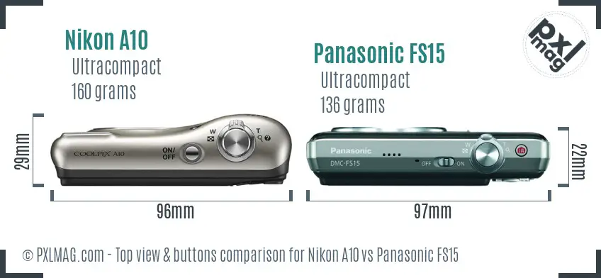 Nikon A10 vs Panasonic FS15 top view buttons comparison
