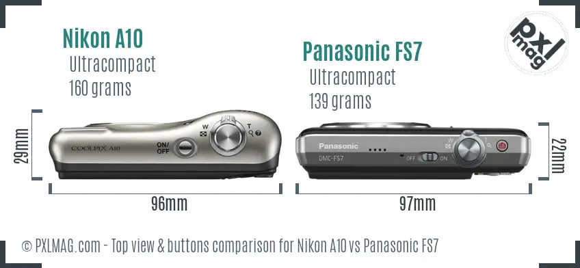 Nikon A10 vs Panasonic FS7 top view buttons comparison