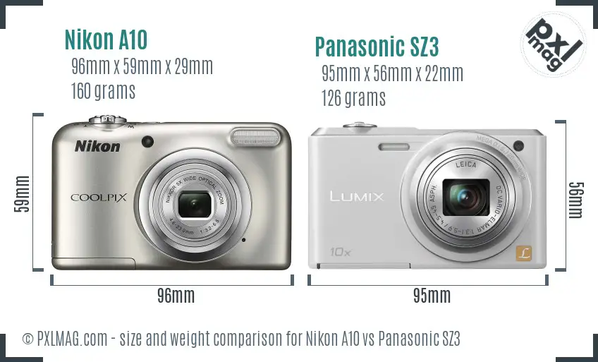 Nikon A10 vs Panasonic SZ3 size comparison