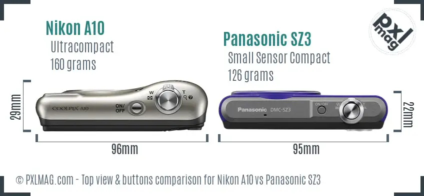 Nikon A10 vs Panasonic SZ3 top view buttons comparison