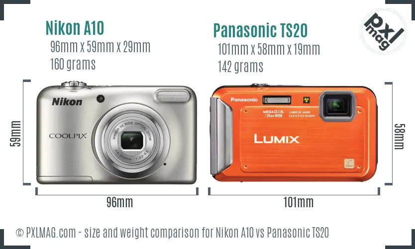 Nikon A10 vs Panasonic TS20 size comparison