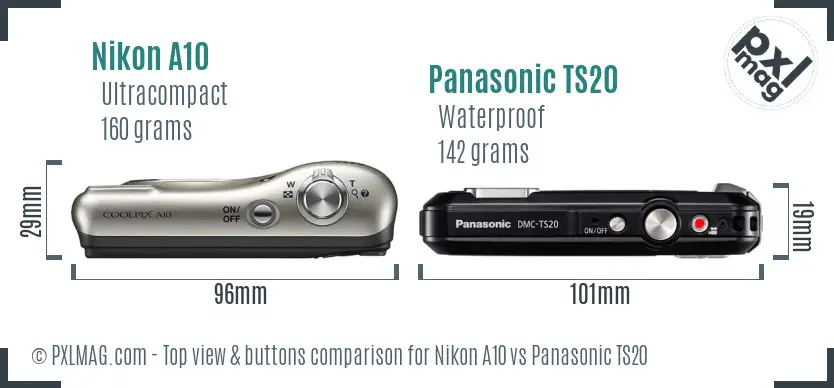 Nikon A10 vs Panasonic TS20 top view buttons comparison