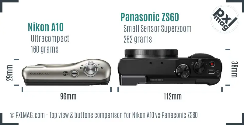Nikon A10 vs Panasonic ZS60 top view buttons comparison
