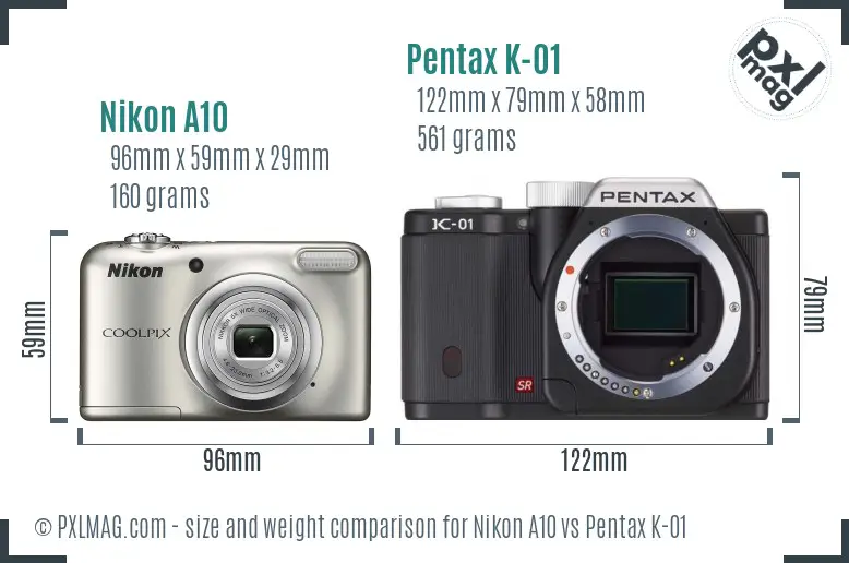 Nikon A10 vs Pentax K-01 size comparison