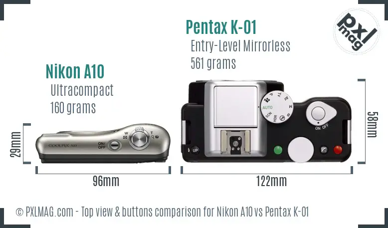 Nikon A10 vs Pentax K-01 top view buttons comparison