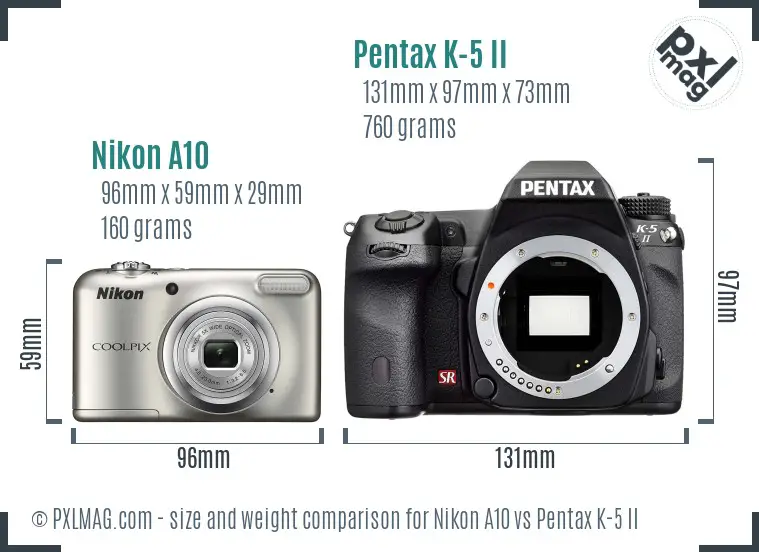 Nikon A10 vs Pentax K-5 II size comparison