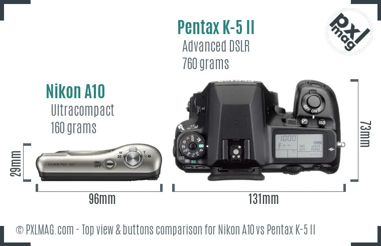 Nikon A10 vs Pentax K-5 II top view buttons comparison