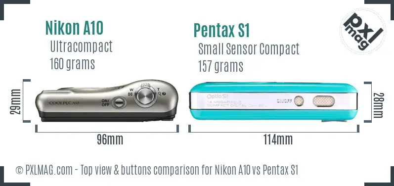 Nikon A10 vs Pentax S1 top view buttons comparison