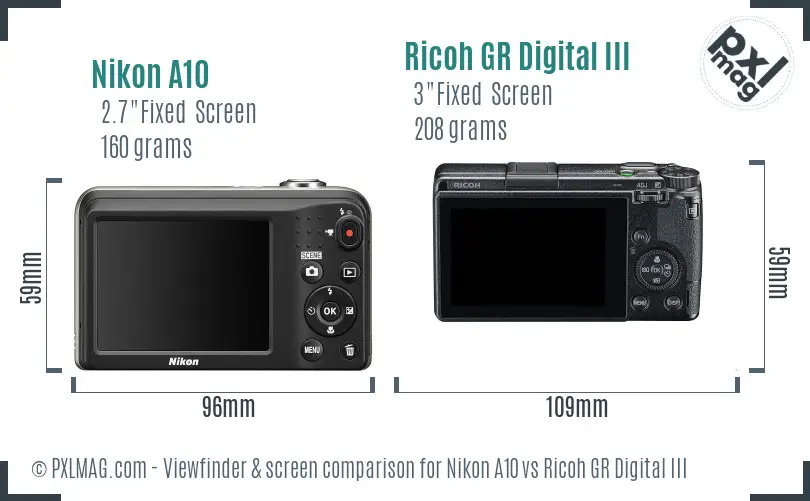 Nikon A10 vs Ricoh GR Digital III Screen and Viewfinder comparison