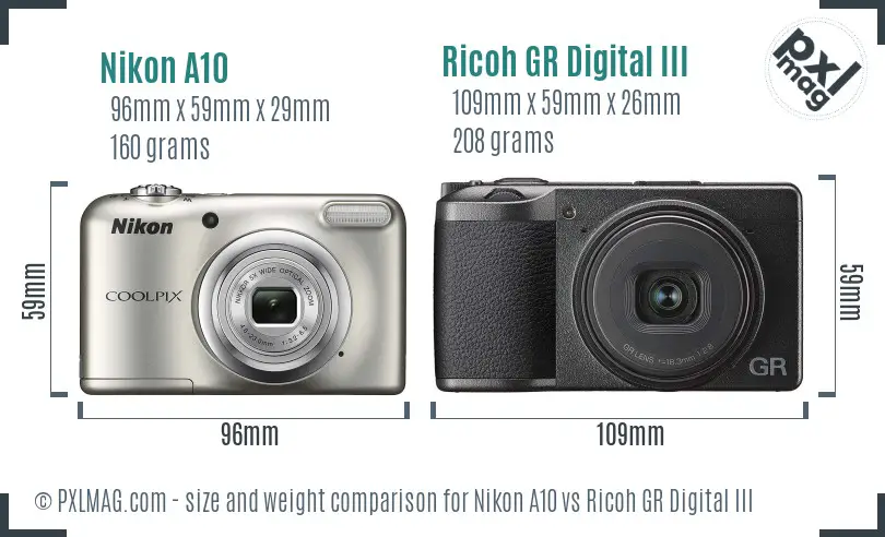 Nikon A10 vs Ricoh GR Digital III size comparison