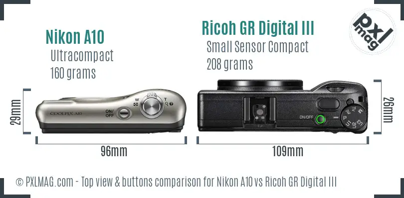 Nikon A10 vs Ricoh GR Digital III top view buttons comparison