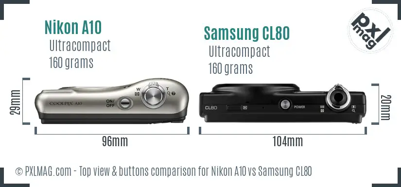 Nikon A10 vs Samsung CL80 top view buttons comparison