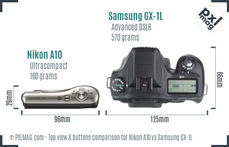 Nikon A10 vs Samsung GX-1L top view buttons comparison