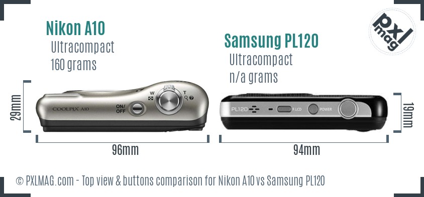 Nikon A10 vs Samsung PL120 top view buttons comparison