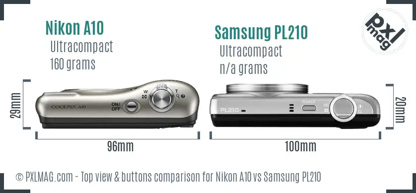 Nikon A10 vs Samsung PL210 top view buttons comparison Nikon A10 vs Samsung PL210 top view buttons comparison