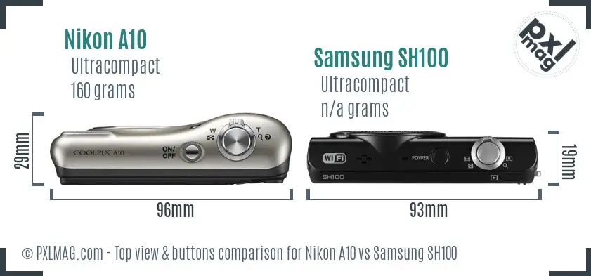 Nikon A10 vs Samsung SH100 top view buttons comparison