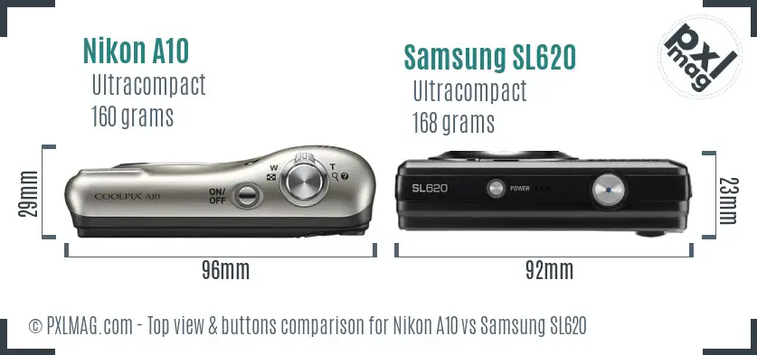 Nikon A10 vs Samsung SL620 top view buttons comparison