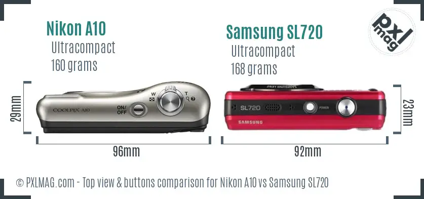 Nikon A10 vs Samsung SL720 top view buttons comparison