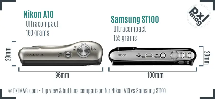 Nikon A10 vs Samsung ST100 top view buttons comparison