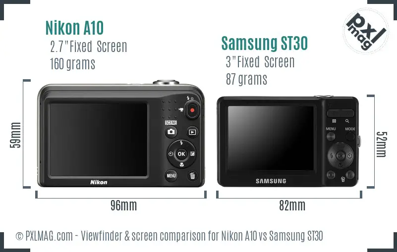 Nikon A10 vs Samsung ST30 Screen and Viewfinder comparison