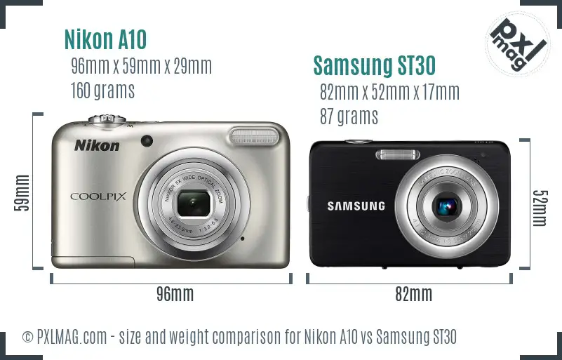 Nikon A10 vs Samsung ST30 size comparison