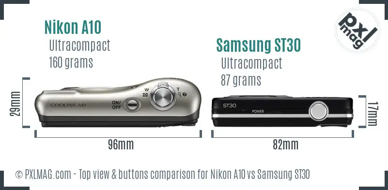 Nikon A10 vs Samsung ST30 top view buttons comparison